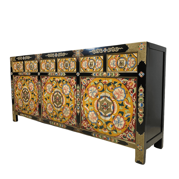 Long sideboard hand-painted in Tibetan-style