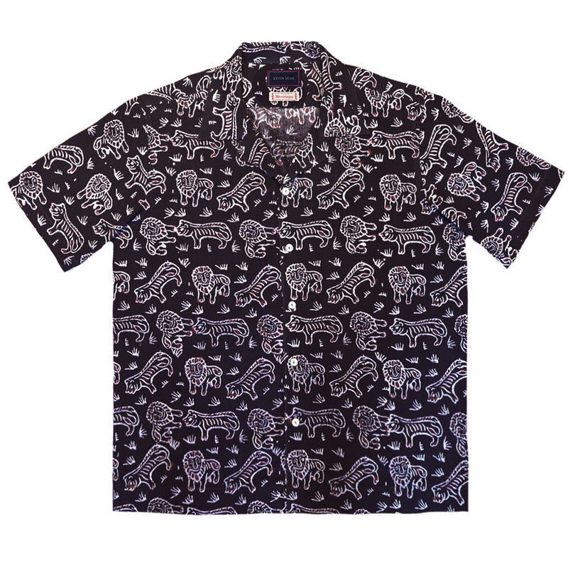 "Tiger & Lion" Black Block Print Camp Collar Short Sleeve Shirt