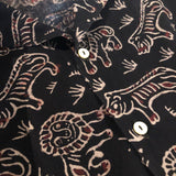 "Tiger & Lion" Black Block Print Camp Collar Short Sleeve Shirt