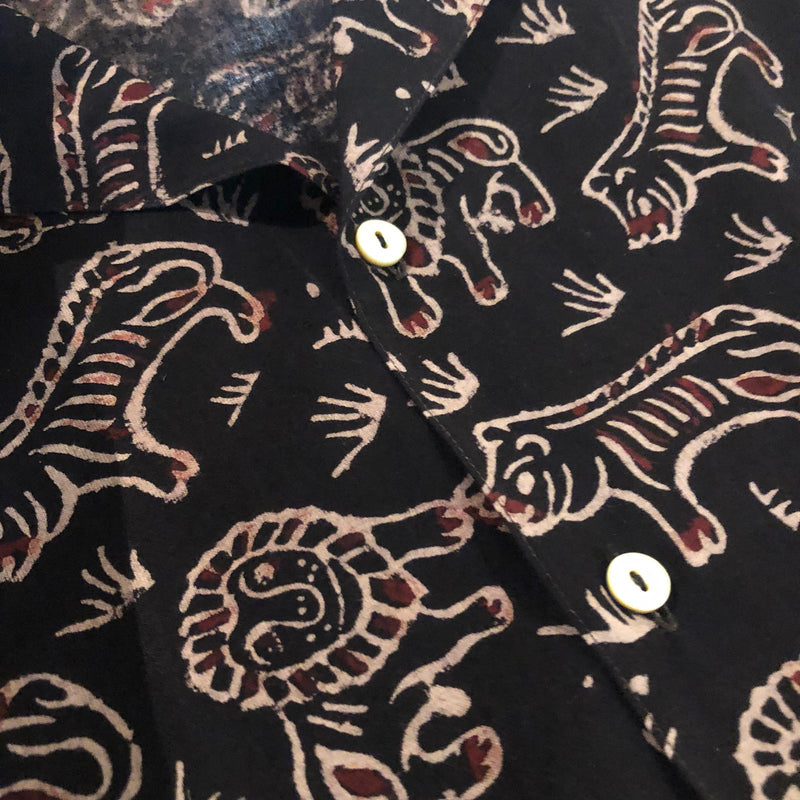 "Tiger & Lion" Black Block Print Camp Collar Short Sleeve Shirt