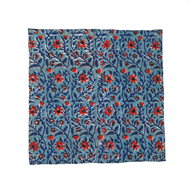 Kevin Seah Hand Block Print Pocket Square - Steel Blue / Red / Blue