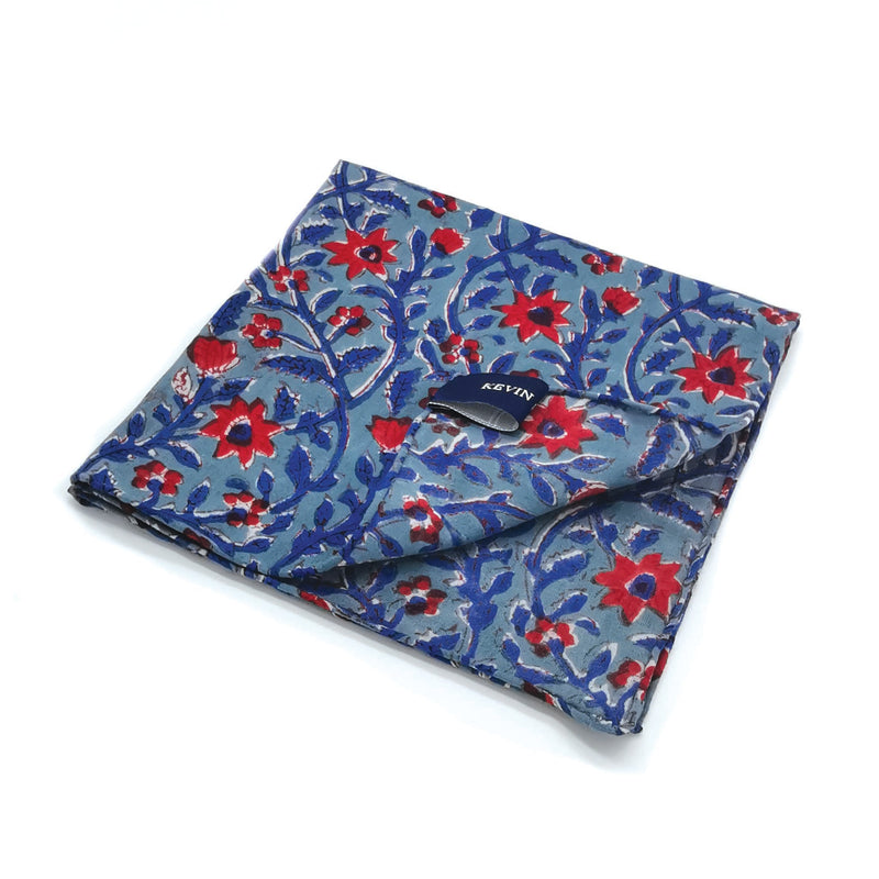 Kevin Seah Hand Block Print Pocket Square - Steel Blue / Red / Blue