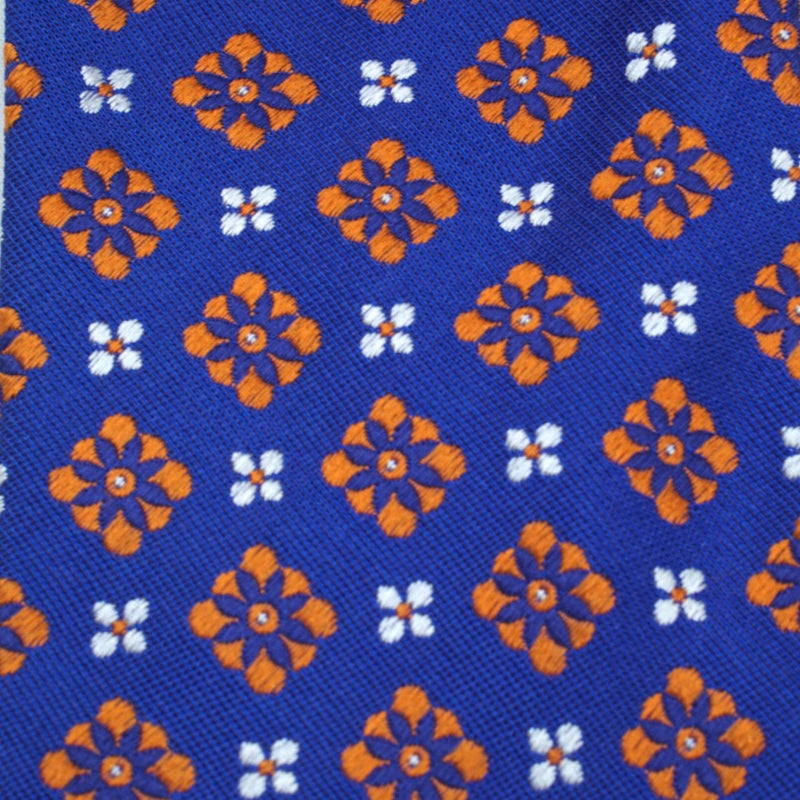 Blue and Orange Floral Patterned Silk Tie