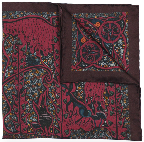 Burgundy Silk Pocket Square - Enchanted Forest Pheasant