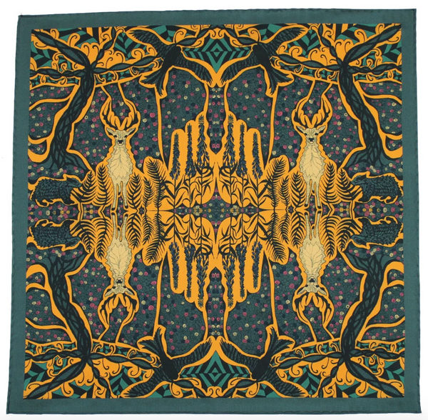 Mustard Silk Pocket Square - Enchanted Forest Stag