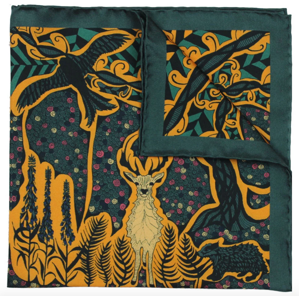 Mustard Silk Pocket Square - Enchanted Forest Stag