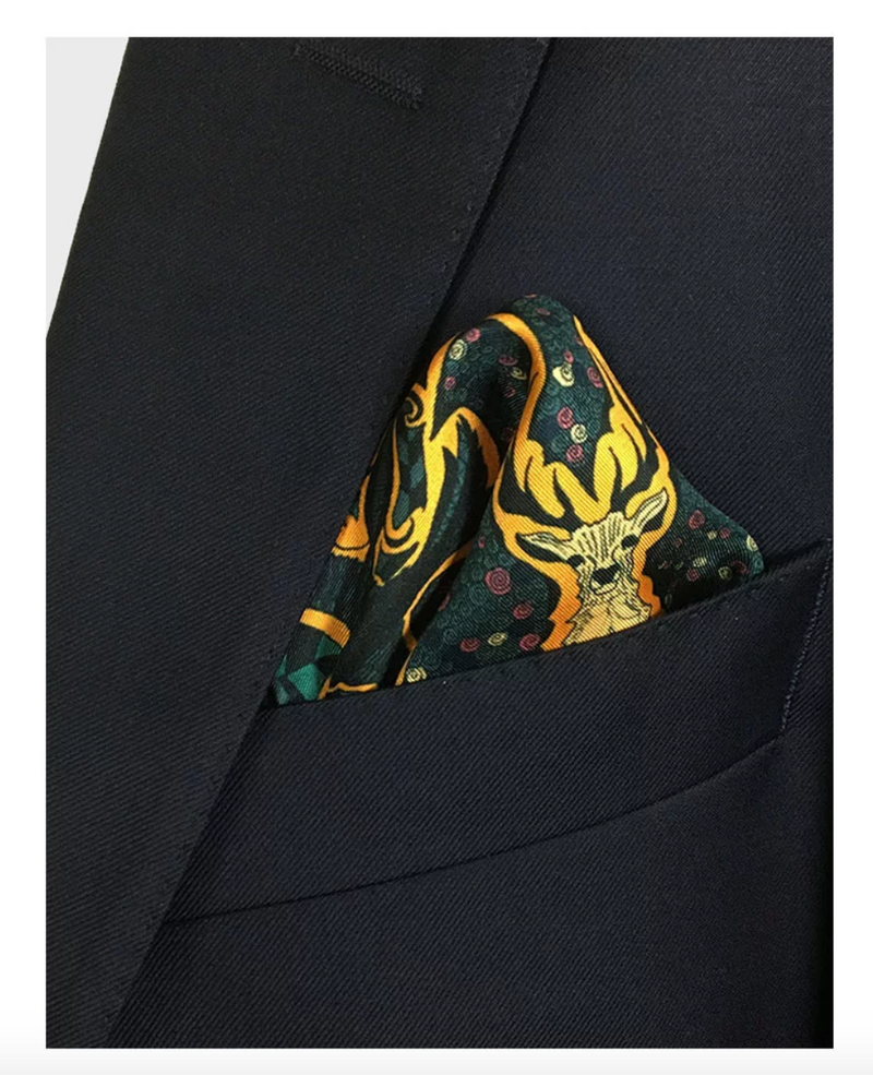 Mustard Silk Pocket Square - Enchanted Forest Stag