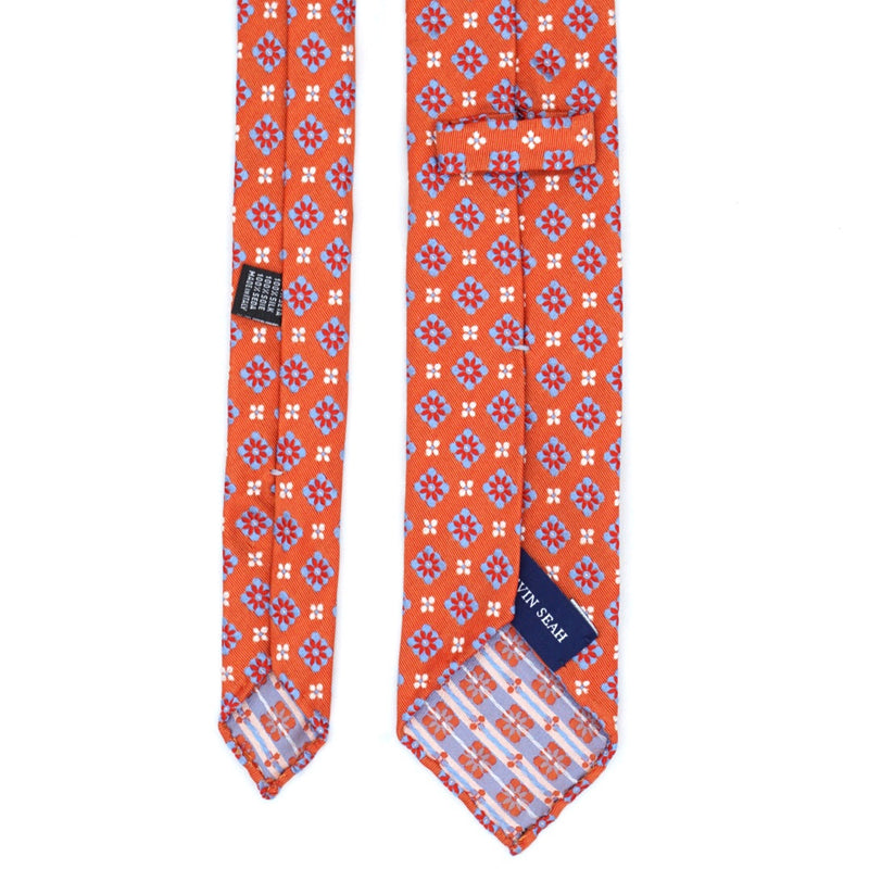 Orange and Blue Floral Patterned Silk Tie