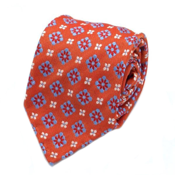 Orange and Blue Floral Patterned Silk Tie
