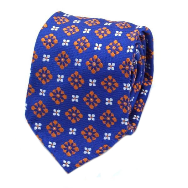 Blue and Orange Floral Patterned Silk Tie