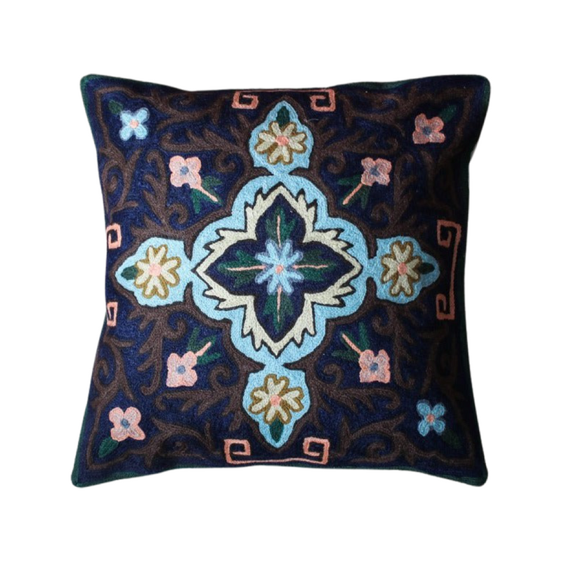 Chain Stitch Crewel Wool Thread Hand Embroidery Cushion Cover