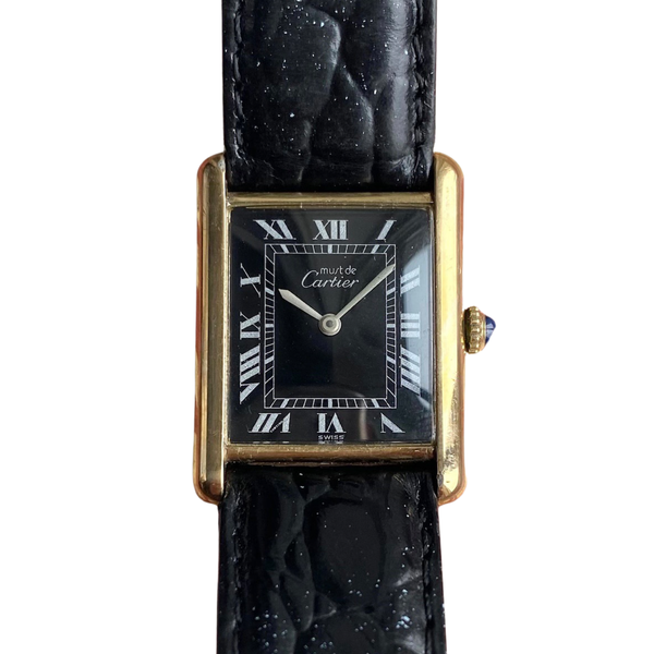 Vintage 1980s Must de Cartier Black Roman Numeral Dial Tank (Full Set)