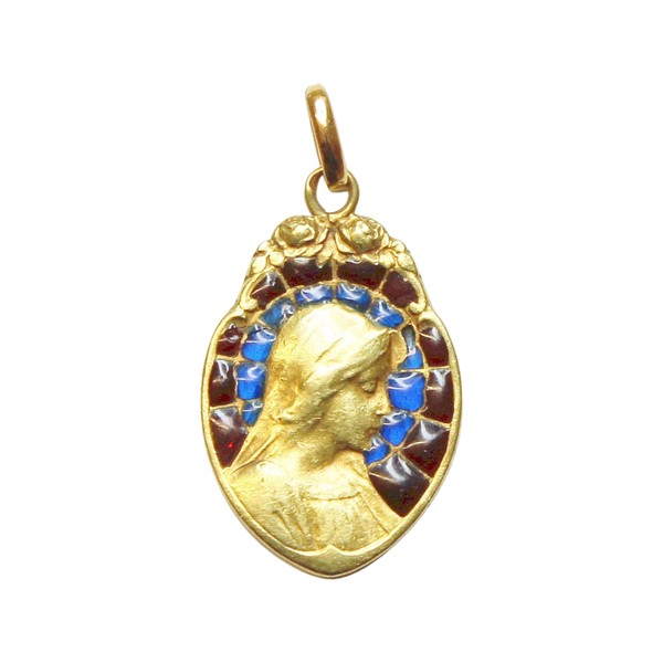 Vintage 18K Gold Plique-à-Jour Mary Bi Color Pendant