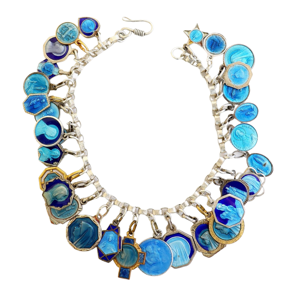 Sterling Silver Charm Bracelet with 31 Rare Pristine Religious Enameled Medals