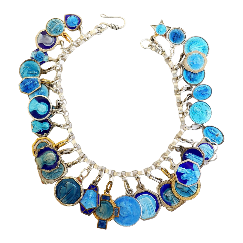 Sterling Silver Charm Bracelet with 31 Rare Pristine Religious Enameled Medals
