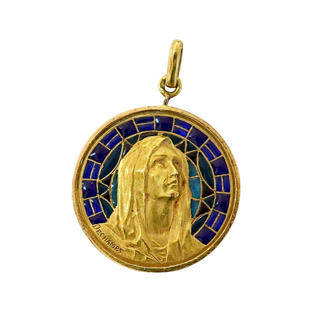 Vintage Virgin Mary 18K Gold Plique Jour Pendant