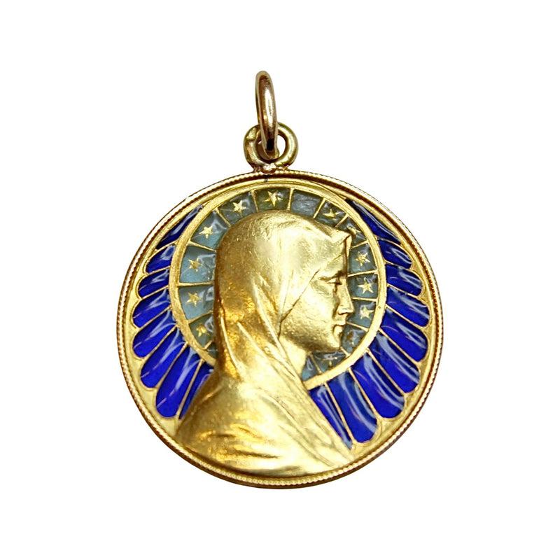 Vintage 18K Gold Plique-à-Jour The Virgin Mary Pendant