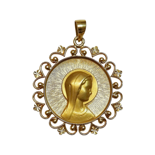 Vintage 18K Solid Gold Open Work Virgin Mary Pendant