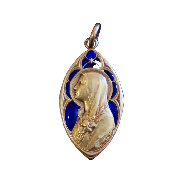 Antique 18 K Gold Plique-à-Jour Virgin Mary Heavy Pendant
