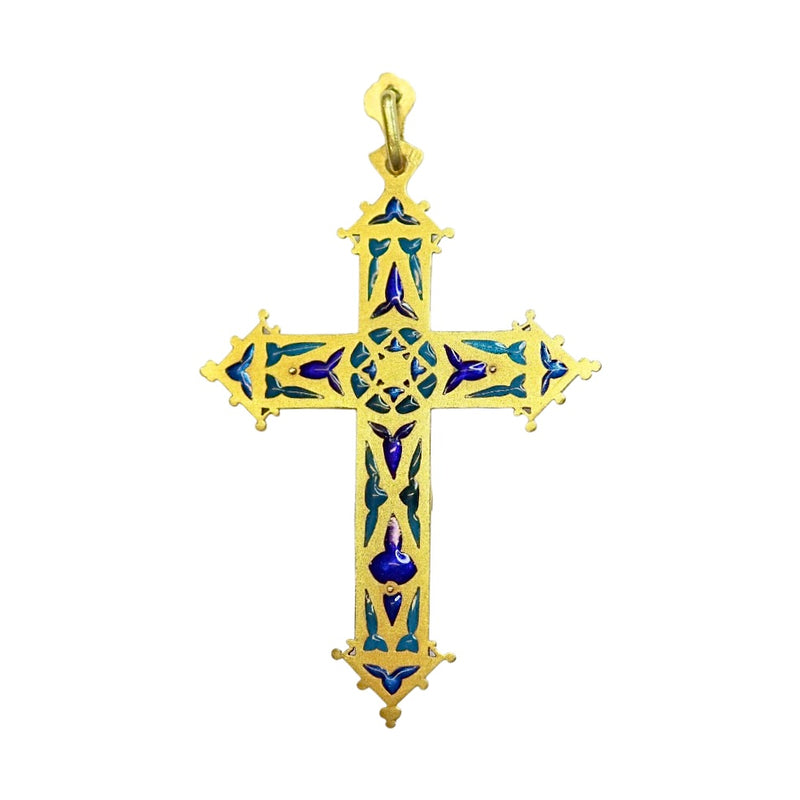 Antique 18K Gold Plique-à-Jour Pendant Holy Cross with Corpus