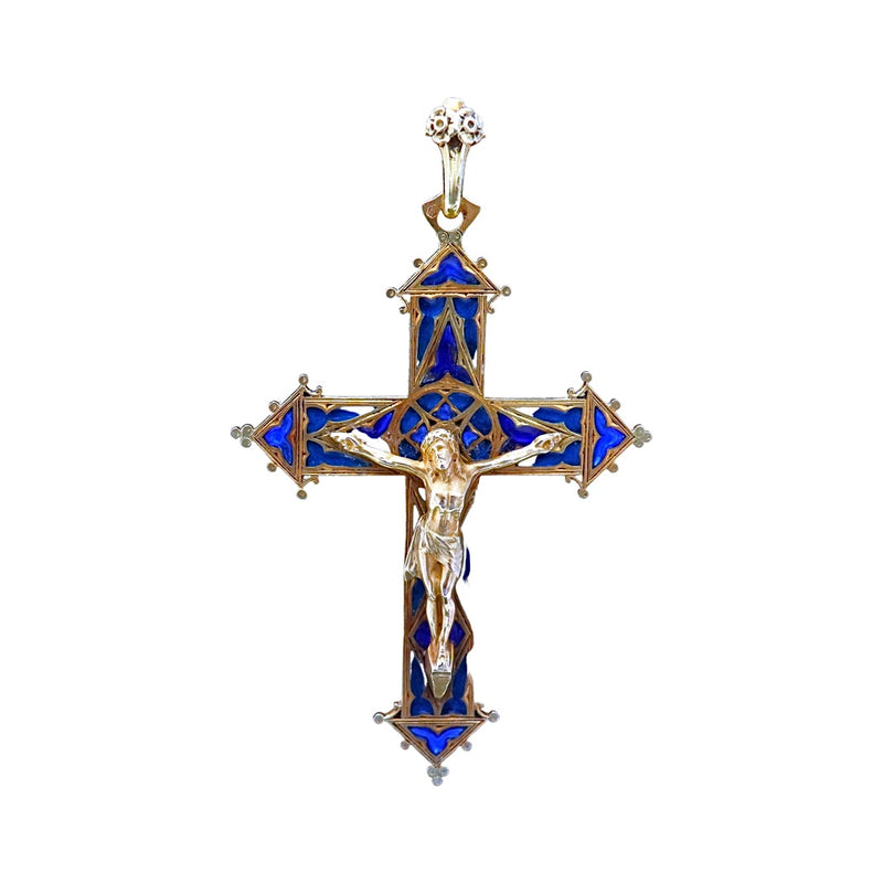 Antique 18K Gold Plique-à-Jour Pendant Holy Cross with Corpus