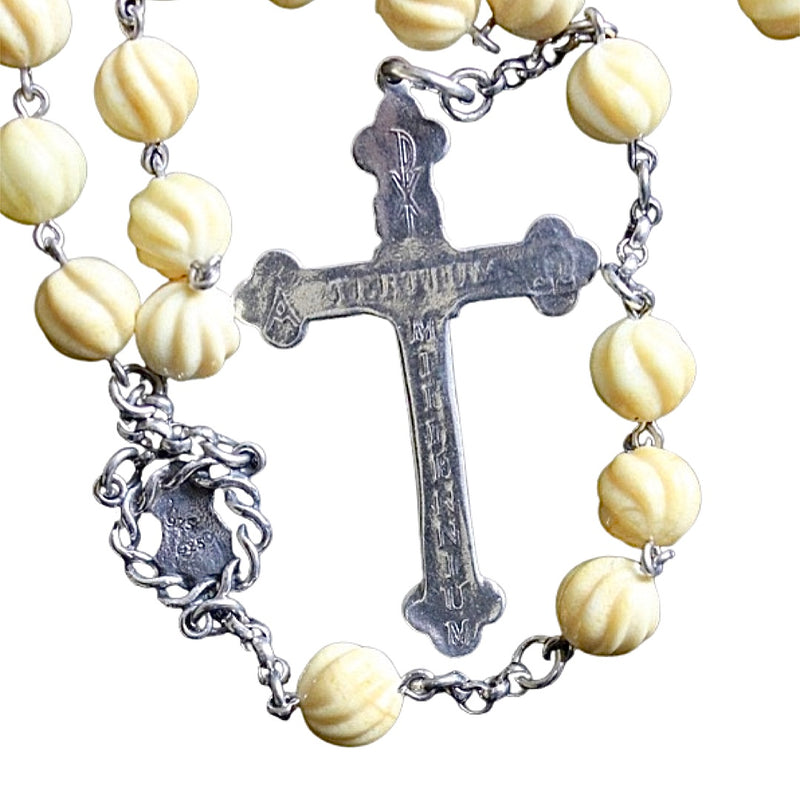 Vintage Catholic Rosary Carved Baltic Amber and Sterling