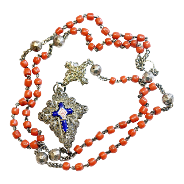 Antique Bavarian Coral & Sterling Silver Catholic Chain Rosary with Ceramic Enameled Crucifix