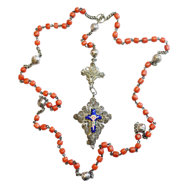 Antique Bavarian Coral & Sterling Silver Catholic Chain Rosary with Ceramic Enameled Crucifix