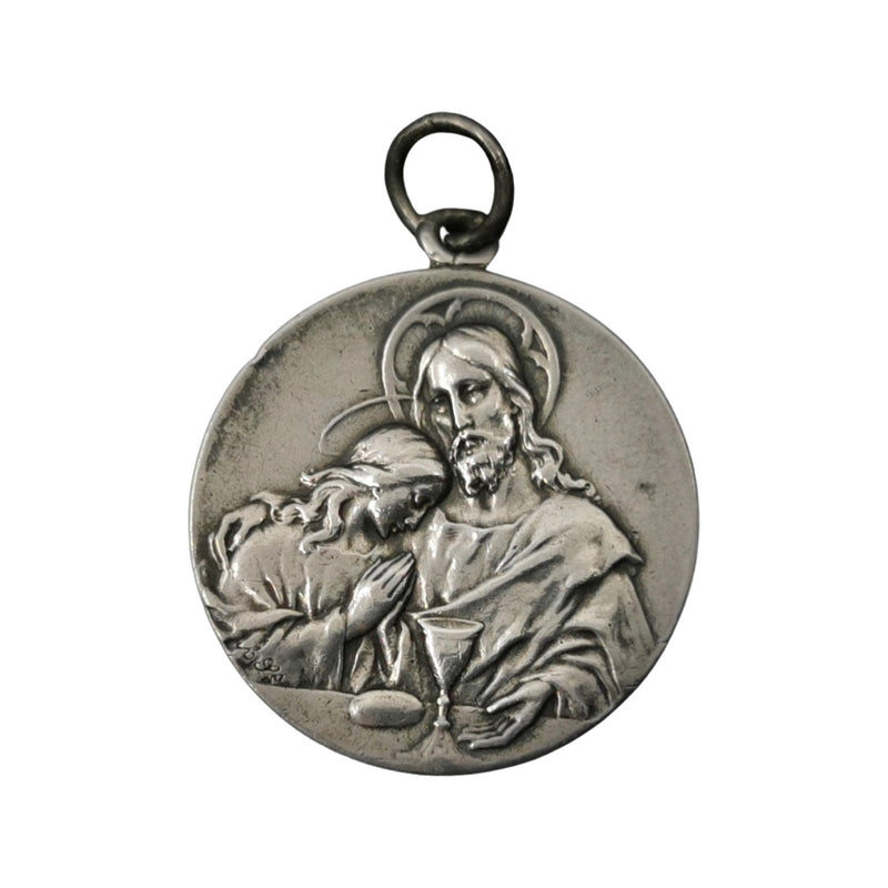 Antique French Jesus Medal, Silver Communion Pendant
