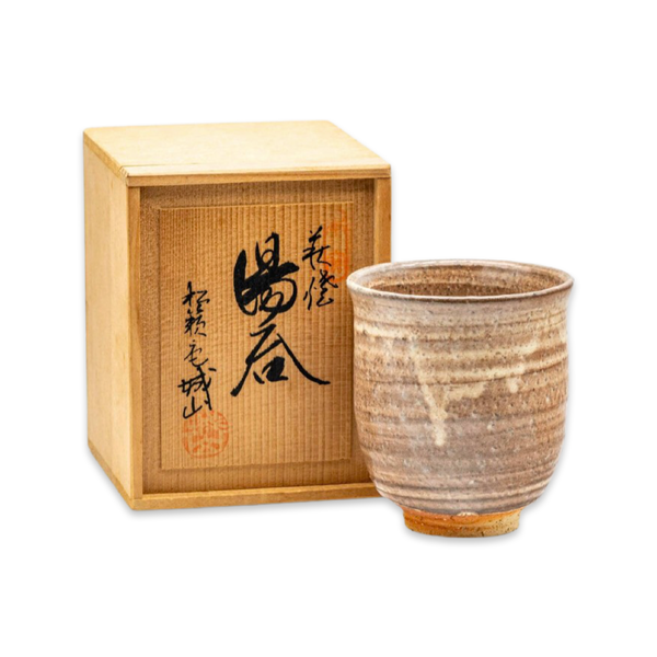 Vintage Beige Drip-Glazed Hagi-yaki Yunomi with Wooden Box