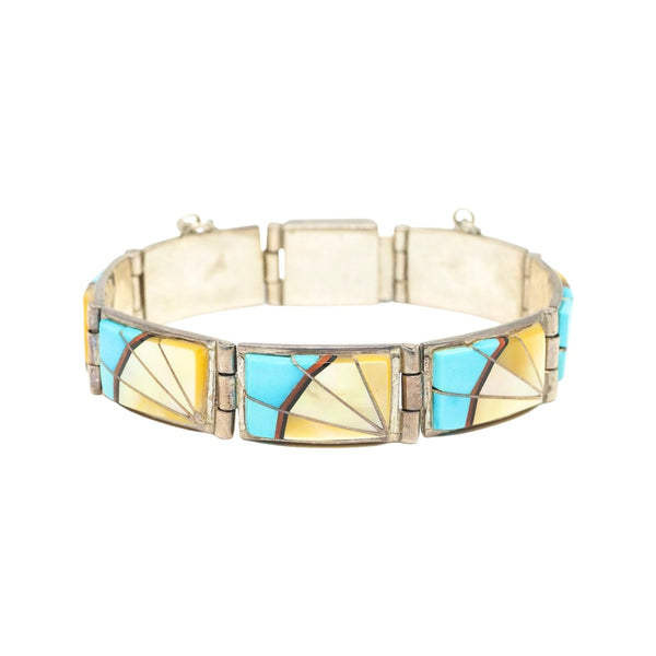 Vintage Navajo Multi Gem Inlay Sterling Silver Bracelet