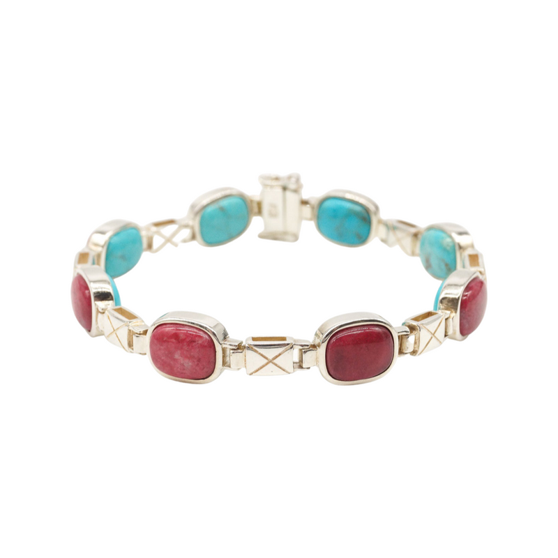 Vintage Turquoise Rhodochrosite Sterling Silver Bracelet