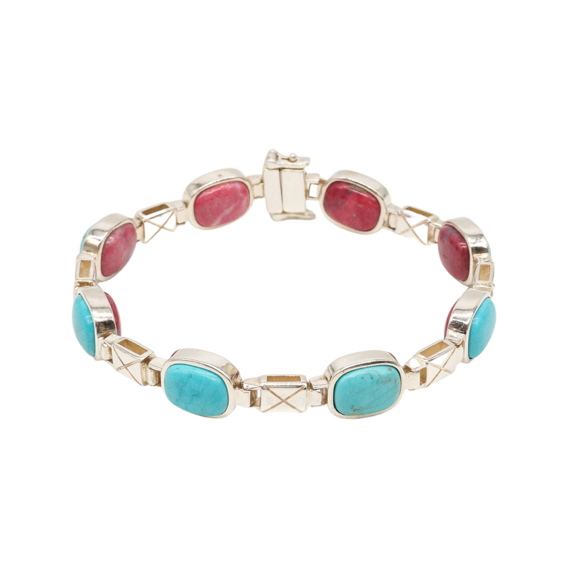 Vintage Turquoise Rhodochrosite Sterling Silver Bracelet