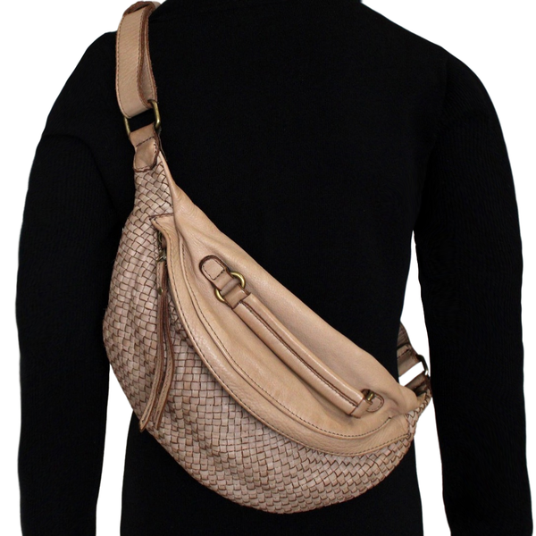 Soft Woven Leather Sling Pouch - Beige