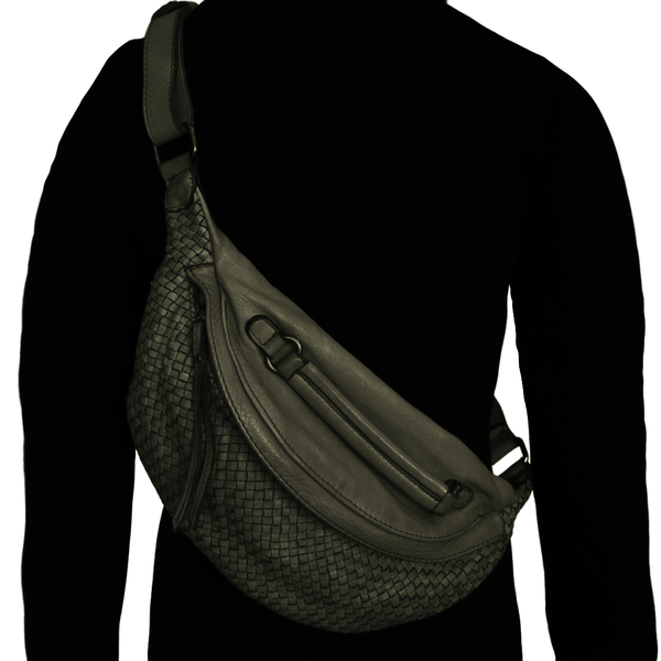 Soft Woven Leather Sling Pouch - Olive