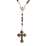 Jet, Sterling & Coral with Vintage Gutta Percha Studded Cross Rosary Necklace