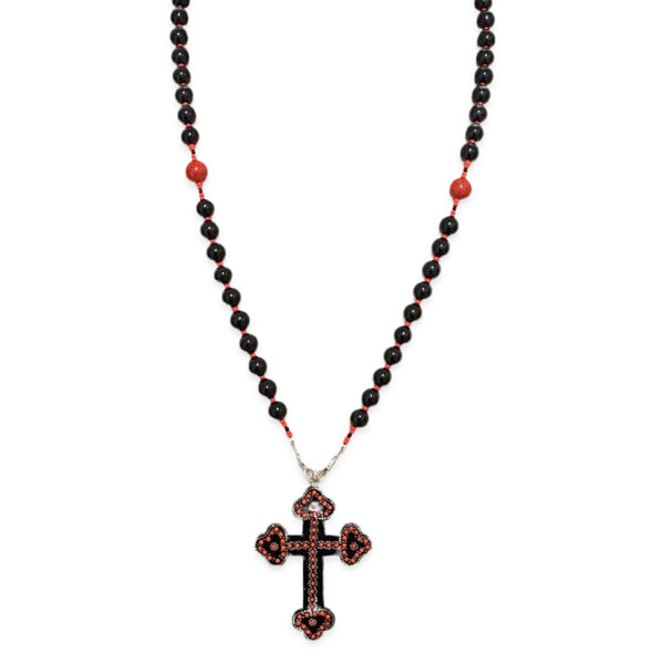 Jet, Sterling & Coral with Vintage Gutta Percha Studded Cross Rosary Necklace
