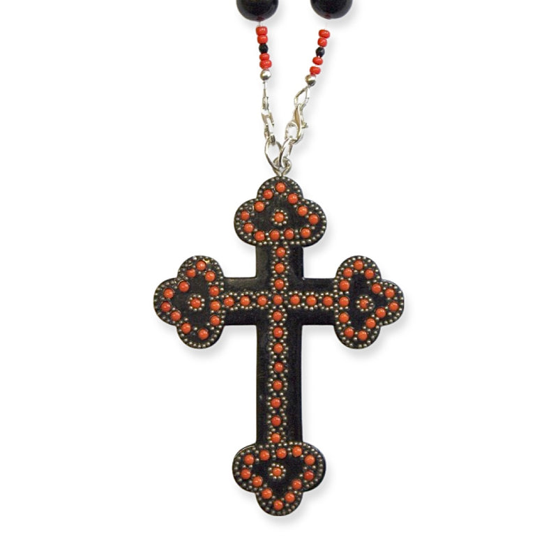 Jet, Sterling & Coral with Vintage Gutta Percha Studded Cross Rosary Necklace
