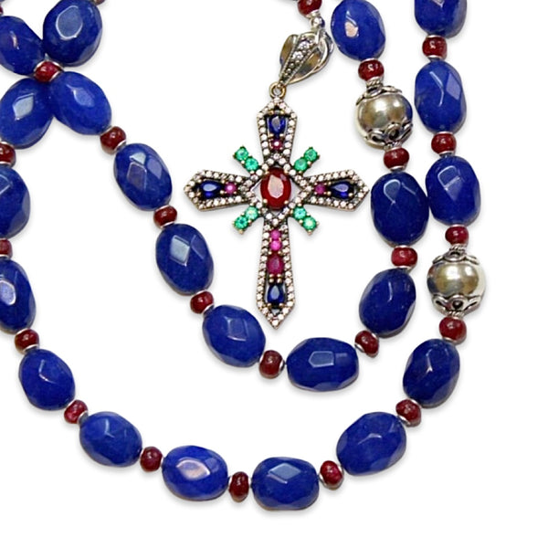 Genuine Sapphire and Sterling Silver Rosary Necklace