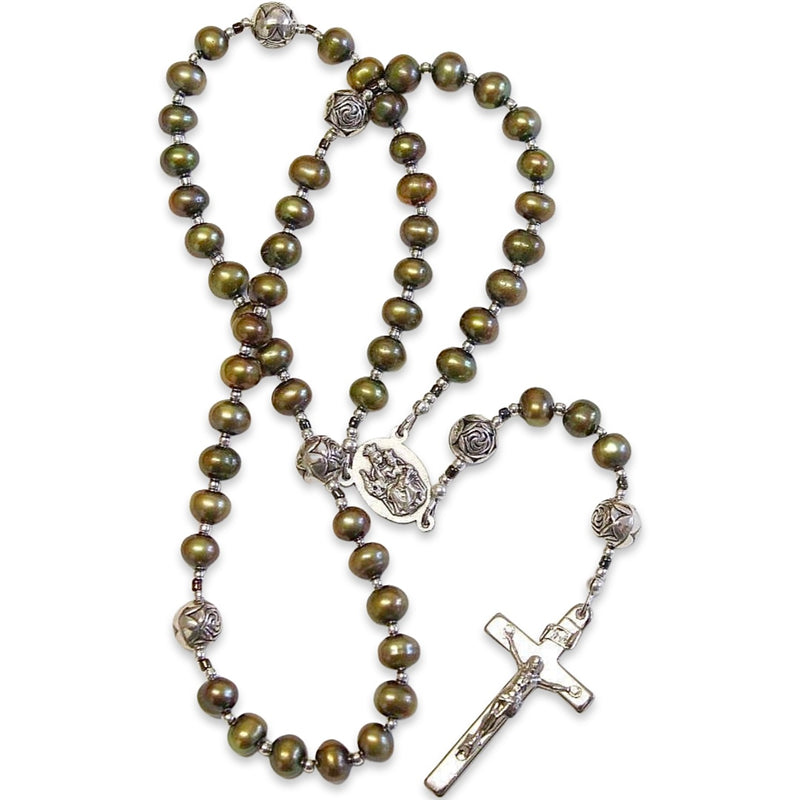 Golden Teal Fresh Water Pearls and Tibetan Silver Rosary Necklace