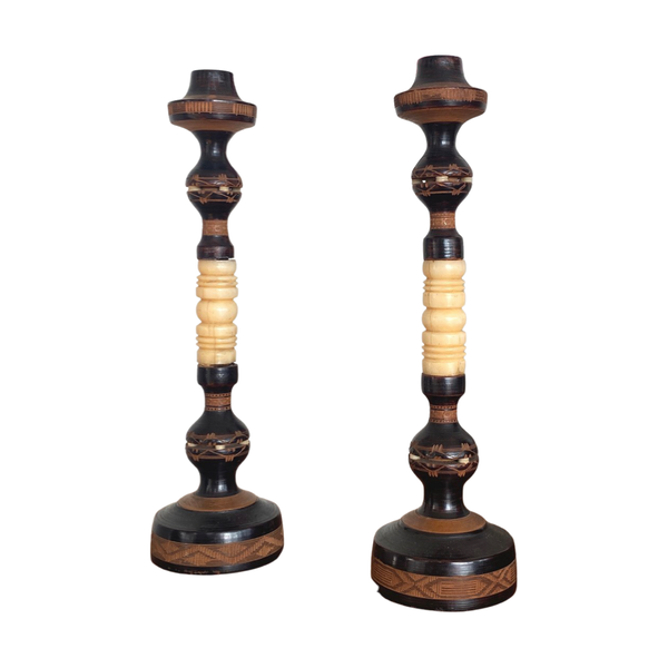 Vintage Wood & Bone Candlesticks