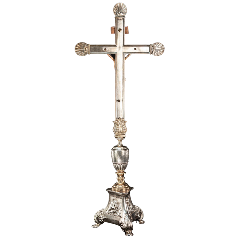 Antique Standing Church Silver Plated and Gilded Bronze Cross