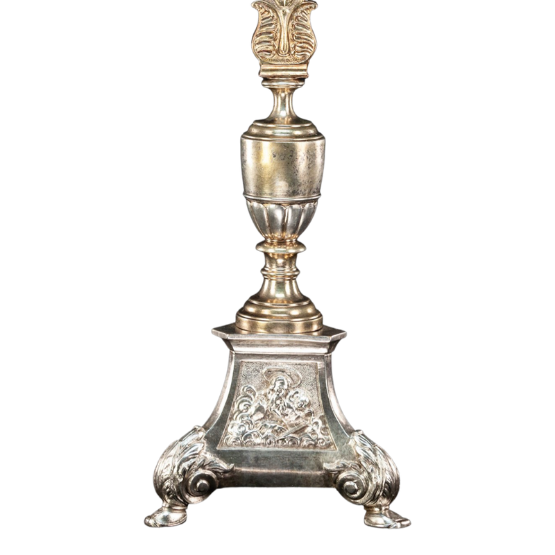 Antique Standing Church Silver Plated and Gilded Bronze Cross
