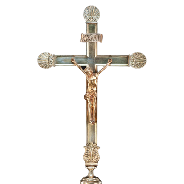 Antique Standing Church Silver Plated and Gilded Bronze Cross