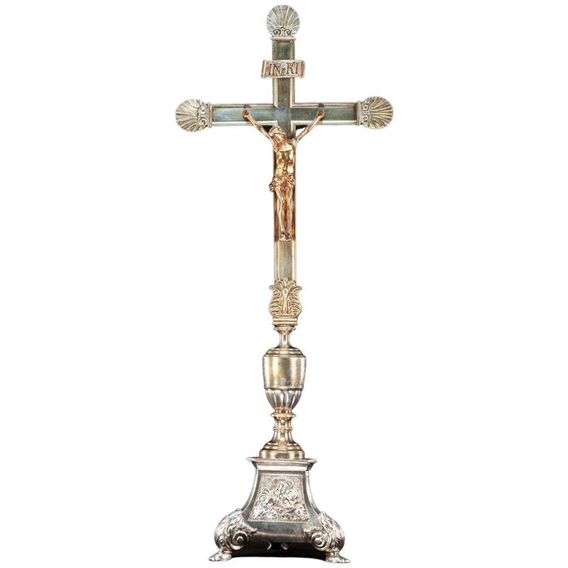 Antique Standing Church Silver Plated and Gilded Bronze Cross