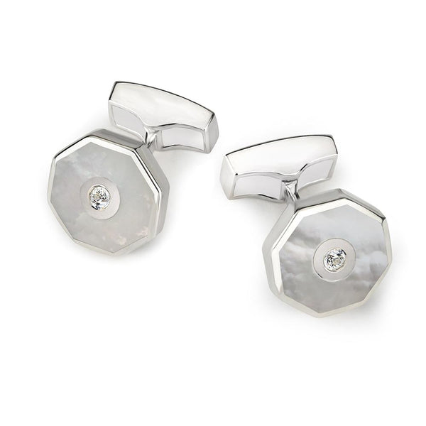 MOTHER OF PEARL STERLING SILVER OCTAGONAL CUFFLINKS WITH DIAMOND