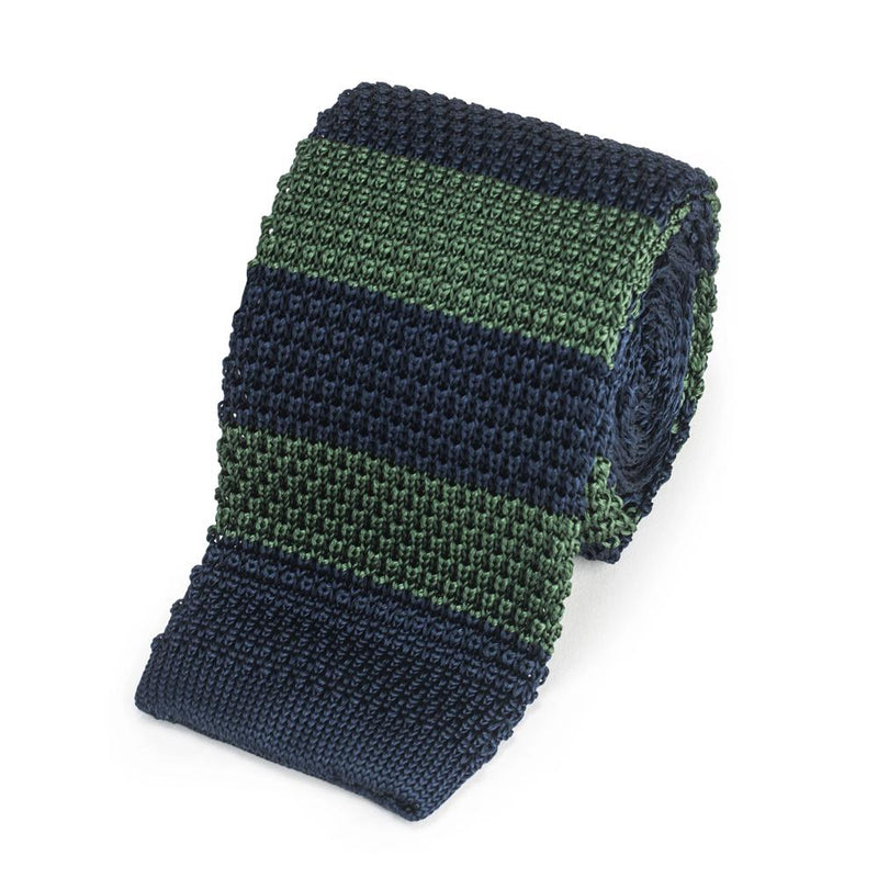 KNITTED SILK TIE IN NAVY WITH GREEN STRIPE