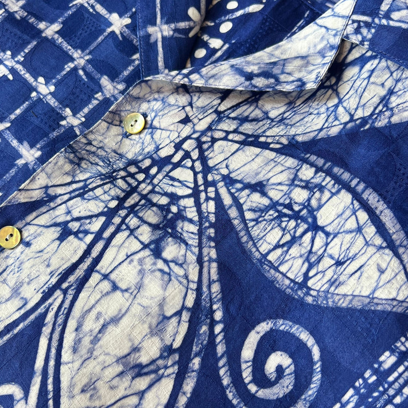 African Batik Print Short Sleeve Shirt - Blue / White