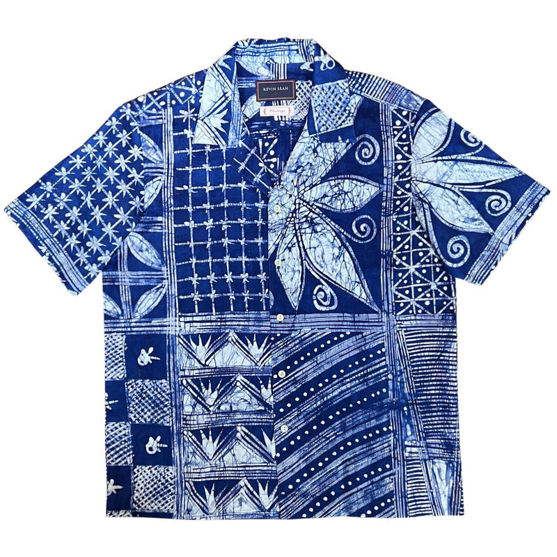 African Batik Print Short Sleeve Shirt - Blue / White