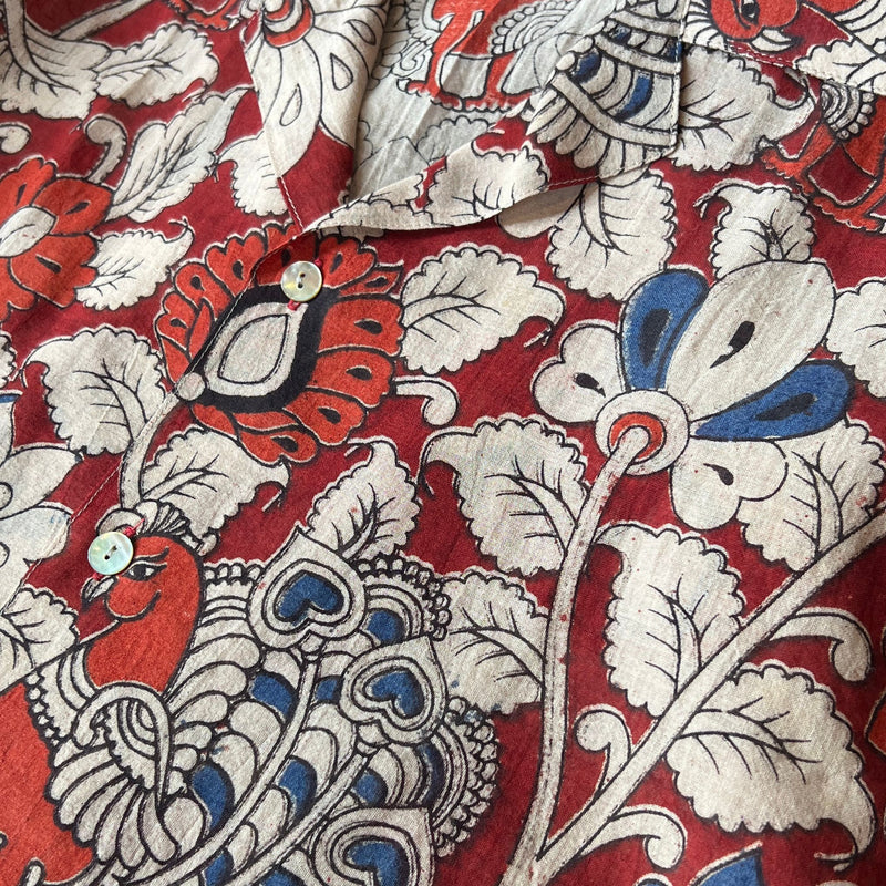 "BIRDS" Series Hand Painted Short Sleeve Shirt - red